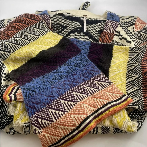 Free People Sz L Bell Sleeve Patchwork Sweater Dress 70s Retro Striped Knit Boho - Picture 8 of 8